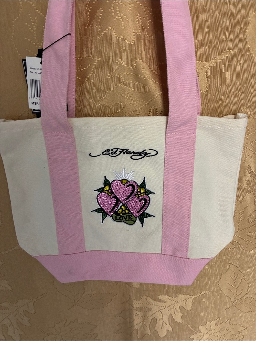 Ed Hardy Cream and Pink Canvas Tote with Heart Embroidery